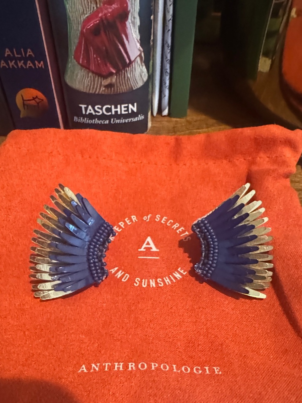 Mignonne Gavigan Blue and Gold Feather Wing Earrings